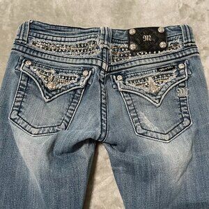 Miss Me Boot Cut Jeans with Embellished Back Pockets - Light Blue Denim